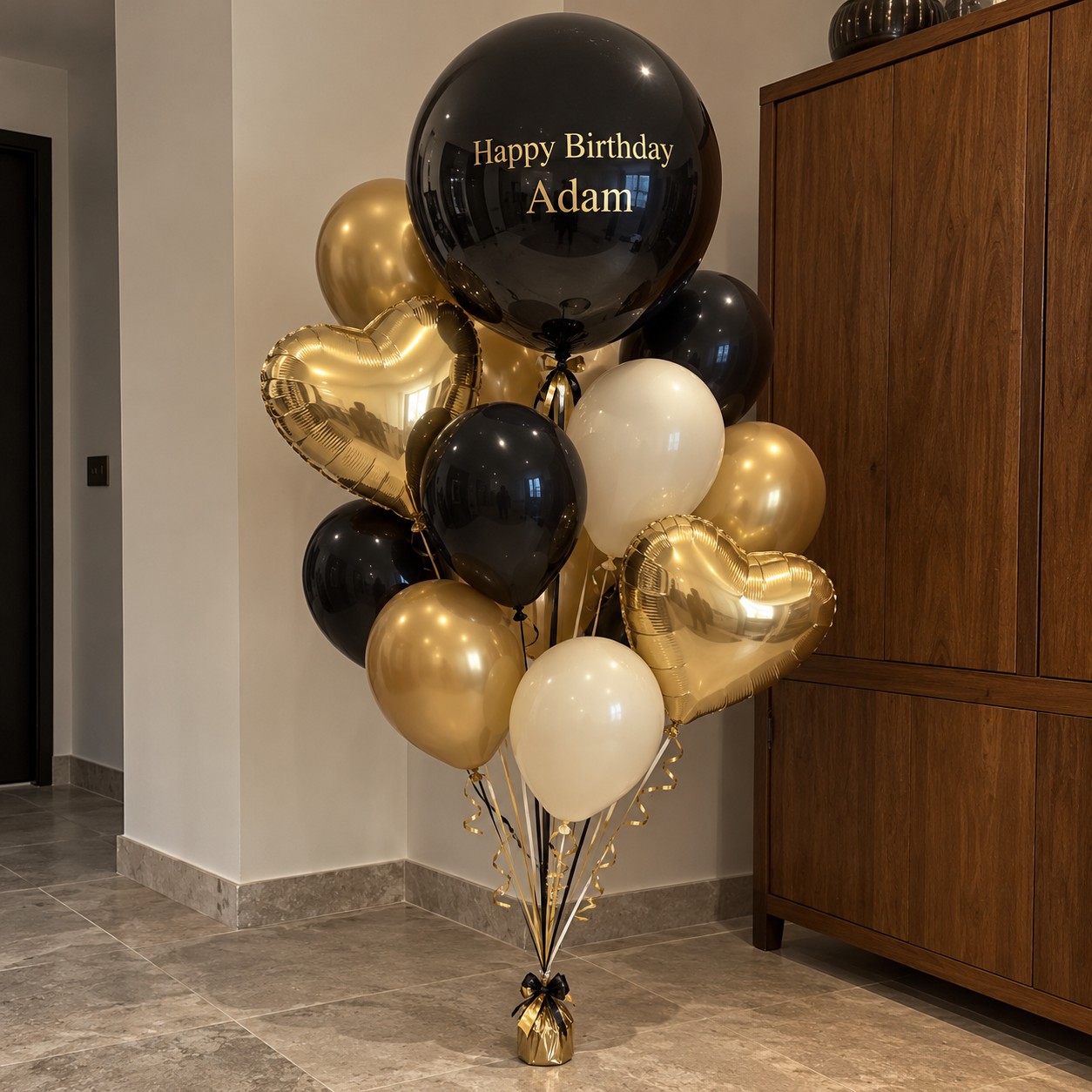 Black and gold birthday balloon bouquet-3