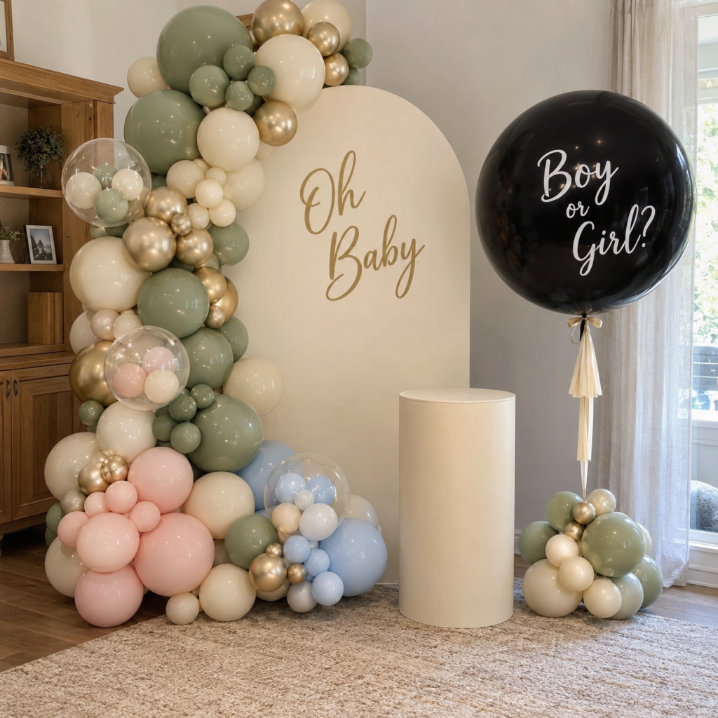 Elegant ivory arch gender reveal display-5