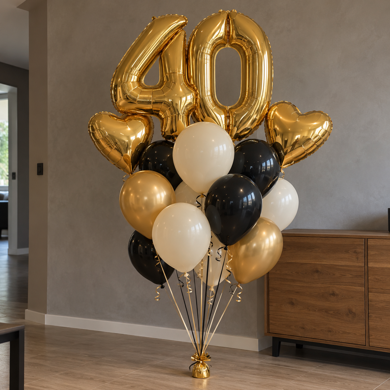 Gold 40 balloon bouquet with hearts-8
