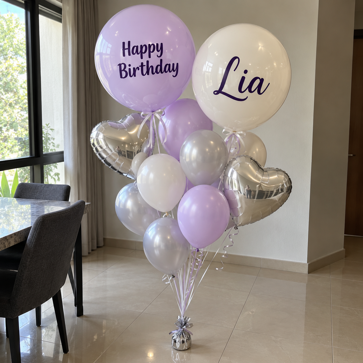 Lavender and ivory birthday balloon bouquet-4