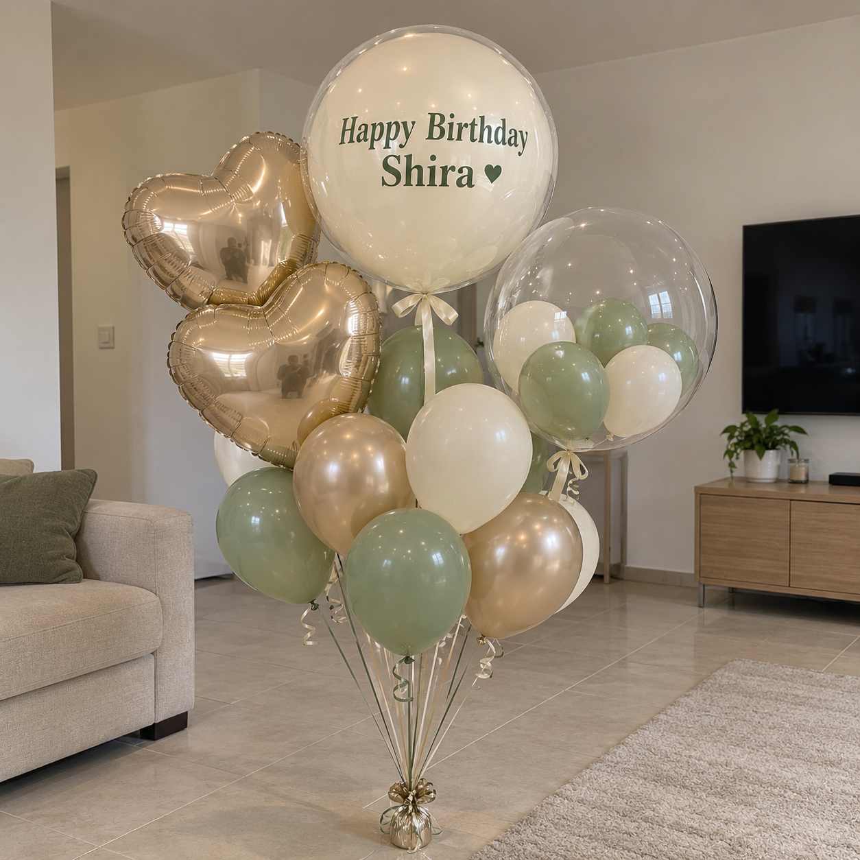 Sage and champagne birthday balloon bouquet-9